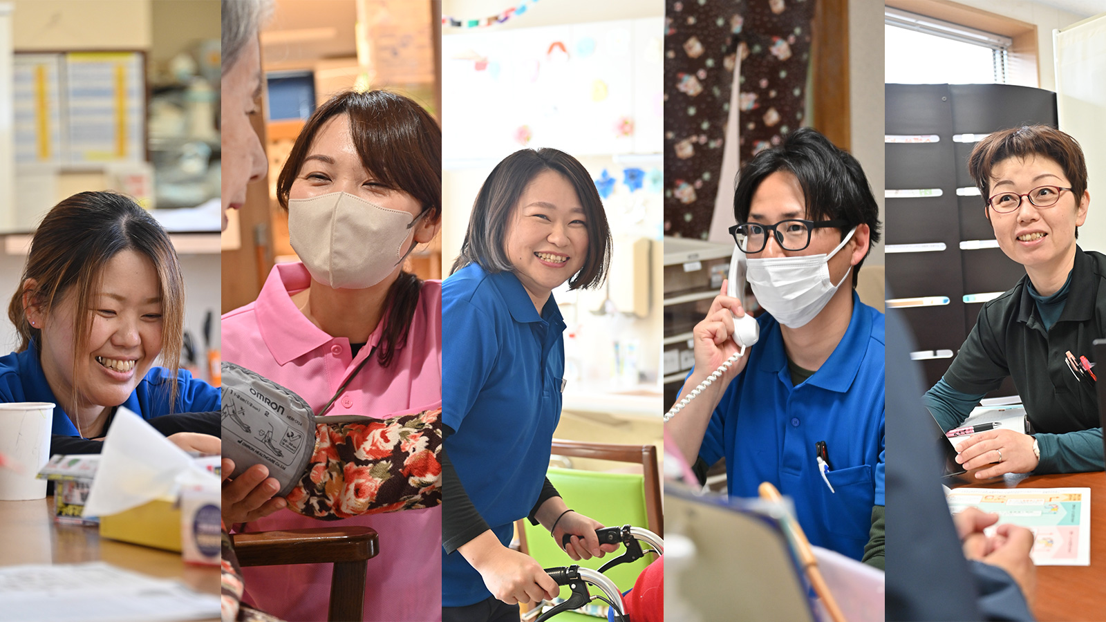 介護施設のスタッフが共用スペースで笑顔で集合した写真